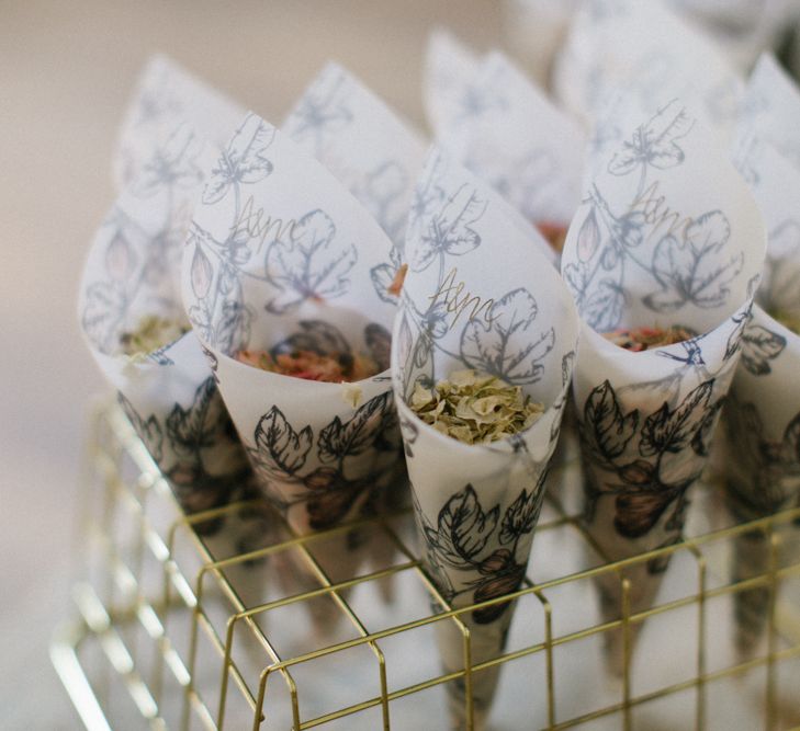 Patterned Vellum Confetti Cones in Gold Wire Stand