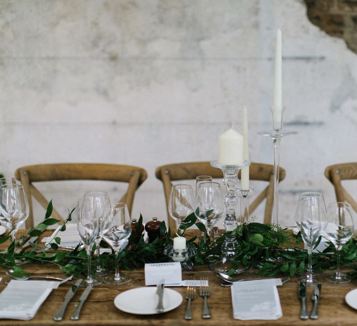 Greenery Table Runner, Glass Candles Sticks and Acrylic Wedding Signs