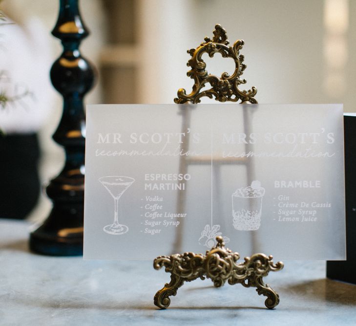 Frosted Acrylic Wedding Signs Cocktail Menu on Miniature Gold Easel