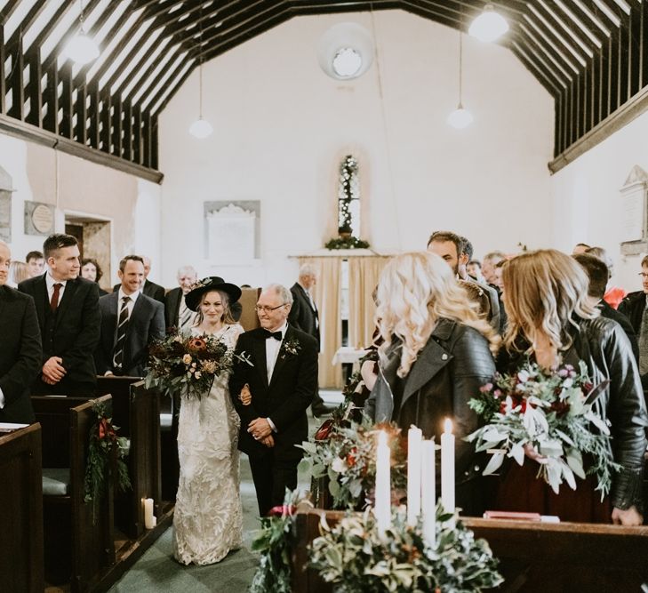 Wedding Ceremony Bridal Entrance with Bride in Fedora Hat and High Street Wedding Dress