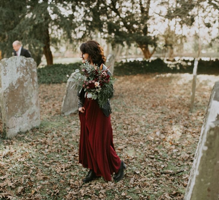 Bridesmaid in Deep Red Dress From ASOS, Boots and Leather Jacket