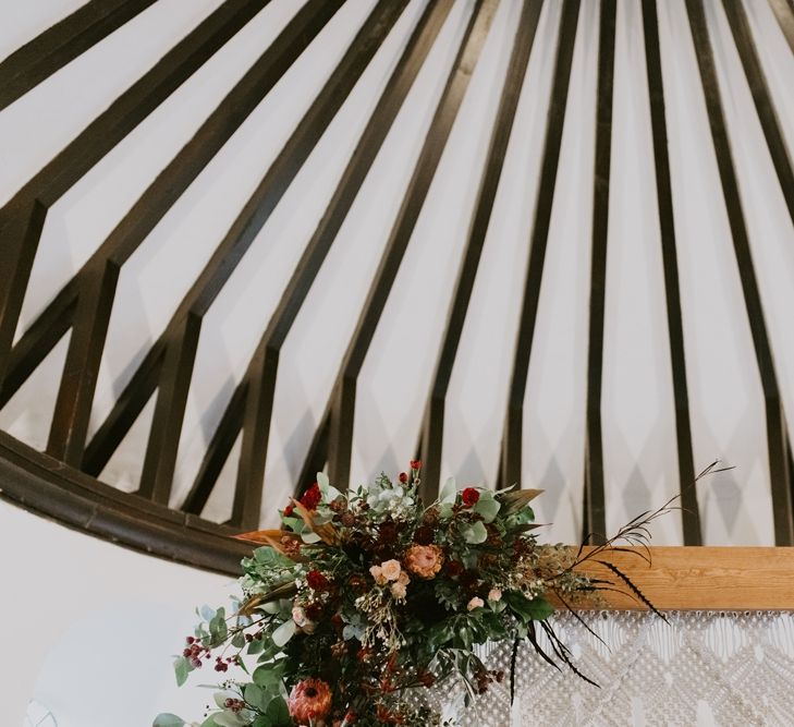 Wooden Frame Decorated with Macrame and Deep Red &amp; Green Flowers