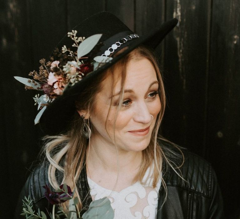 Stylish Bride in Black Fedora Hat with Leather Jacket