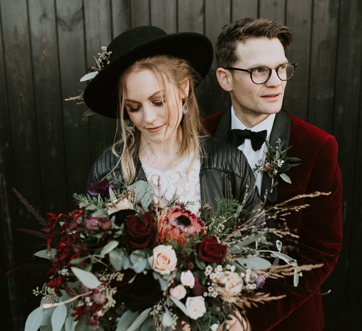 Stylish Bride and Groom in Fedora Hat, Leather Jacket, Velvet Blazer and Bow Tie