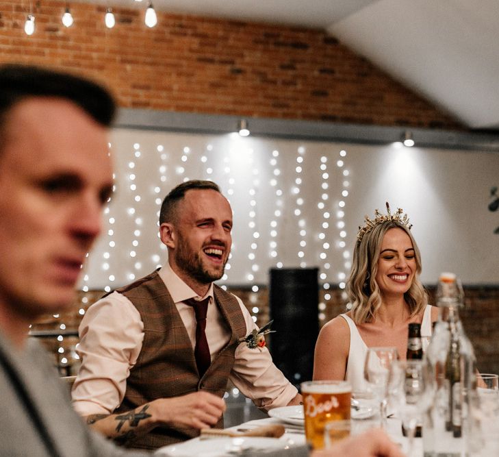 Fairy light wedding decor at industrial wedding reception