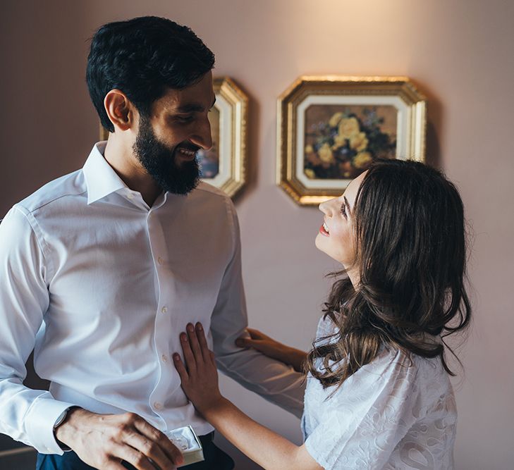 Bride and Groom Getting Ready Together on Morning of Elopement