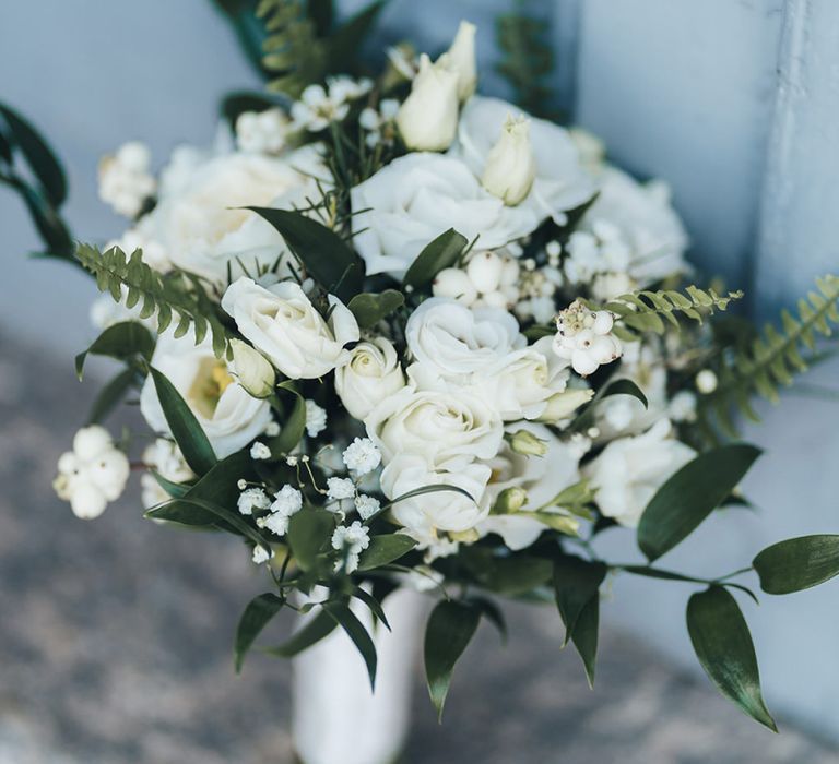 All White Wedding Flower Bouquet with Green Foliage