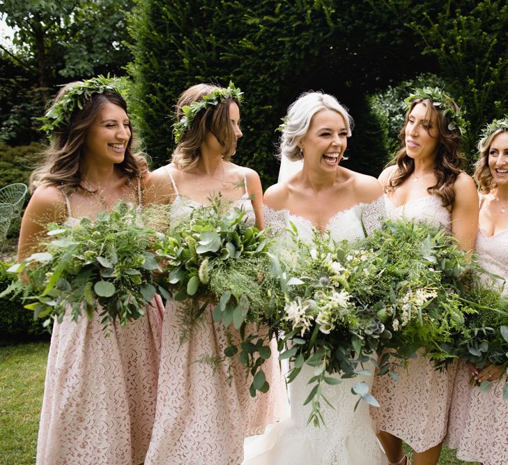 Bridesmaids In Short Pink Dessy Dresses // Dewsall Court Wedding With Bride In Fishtail Gown 'Adele' By Augusta Jones With Images From Chris Barber Photography And Film From Blooming Lovely Films