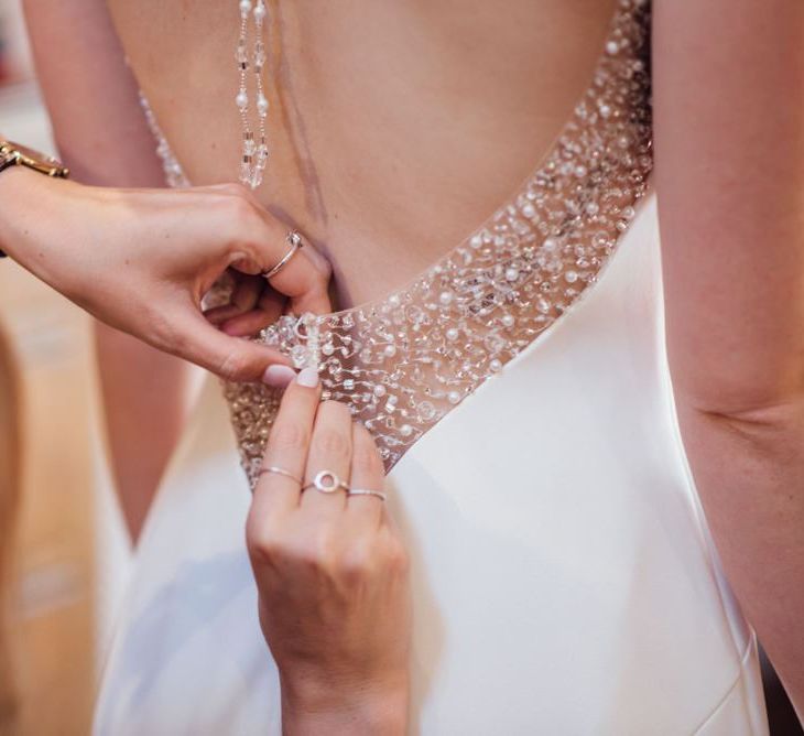 Back of brides dress with embellished detailing