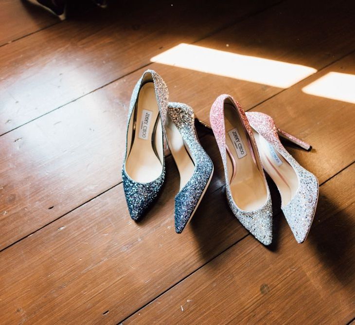 Sparkly Jimmy Choo wedding shoes at outdoor wedding in autumn