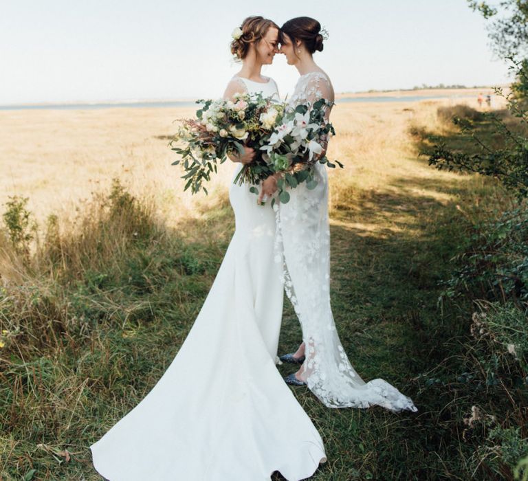 Outdoor autumn dreamy day with two bouquets in secluded woodland setting