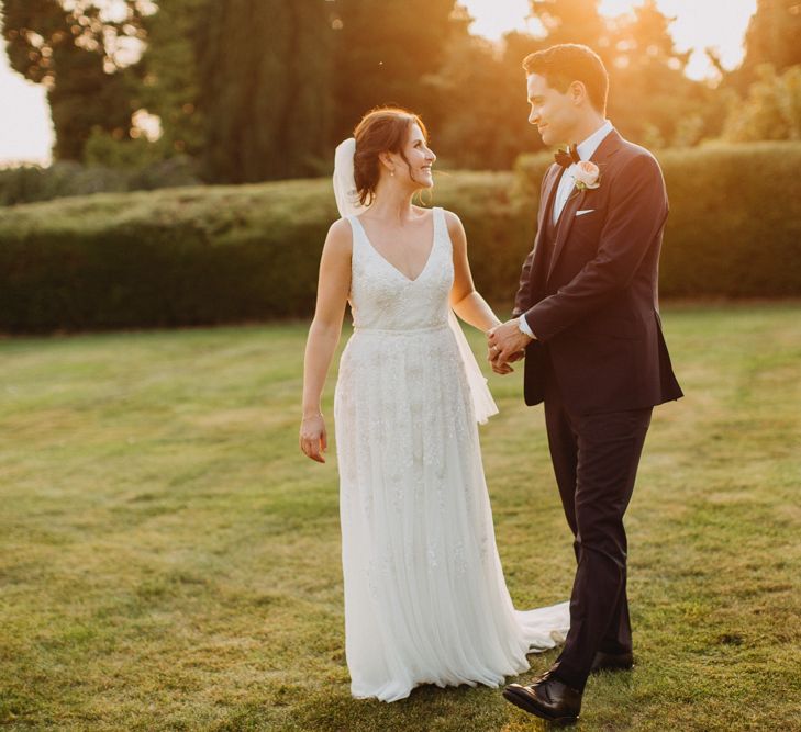 Golden Dusk Couple Shots | Church Wedding Ceremony | Bride in Karen Willis Holmes | Groom in Custom Made Suit by Suit Supply | Summer Wedding at Family Home in Kent | Glass Marquee from Academy Marquees | Frances Sales Photography