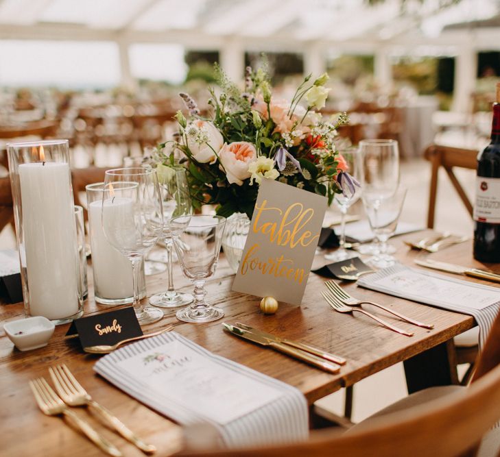 Gold lettered table Names | Hand Stitched Linen Napkins | Bride in Karen Willis Holmes | Groom in Custom Made Suit by Suit Supply | Summer Wedding at Family Home in Kent | Glass Marquee from Academy Marquees | Frances Sales Photography