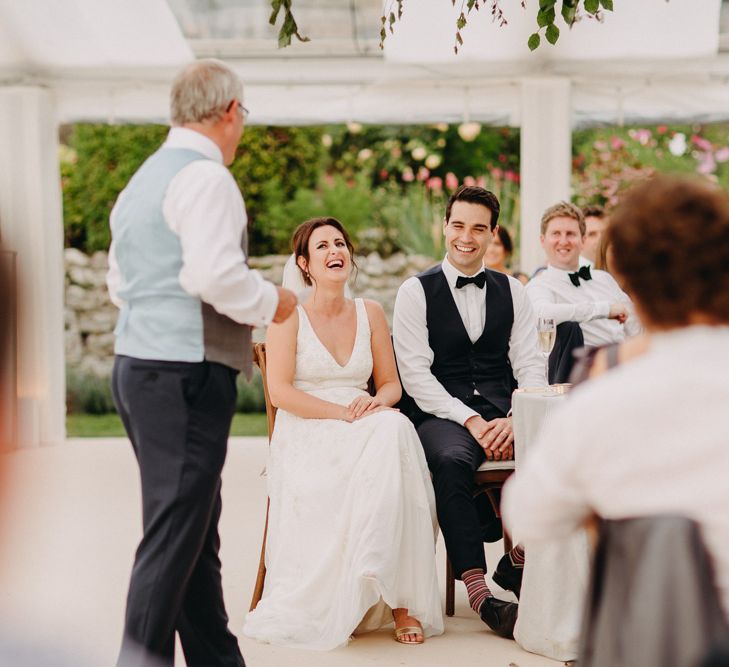 Speeches | Flowers from Topiary Tree | Bride in Karen Willis Holmes | Groom in Custom Made Suit by Suit Supply | Summer Wedding at Family Home in Kent | Glass Marquee from Academy Marquees | Frances Sales Photography