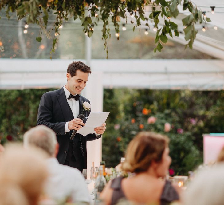 Speeches | Flowers from Topiary Tree | Bride in Karen Willis Holmes | Groom in Custom Made Suit by Suit Supply | Summer Wedding at Family Home in Kent | Glass Marquee from Academy Marquees | Frances Sales Photography