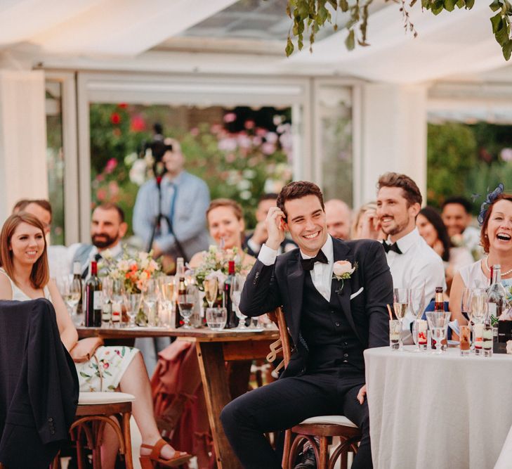 Speeches | Flowers from Topiary Tree | Bride in Karen Willis Holmes | Groom in Custom Made Suit by Suit Supply | Summer Wedding at Family Home in Kent | Glass Marquee from Academy Marquees | Frances Sales Photography