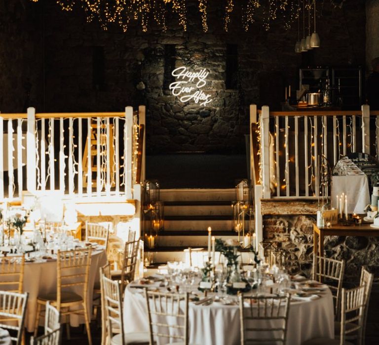 Stunning fairy light canopy and neon wedding sign