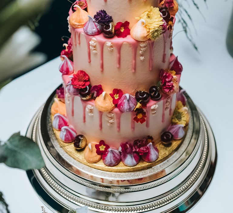 Wedding Cake With Drip Icing &amp; Mini Meringues // The Groucho Club Private Members Club London Wedding With Bride In Sequinned Dress &amp; Flowers By Daisy Ellen Images By Miss Gen Photography