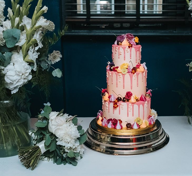 Wedding Cake With Drip Icing &amp; Mini Meringues // The Groucho Club Private Members Club London Wedding With Bride In Sequinned Dress &amp; Flowers By Daisy Ellen Images By Miss Gen Photography