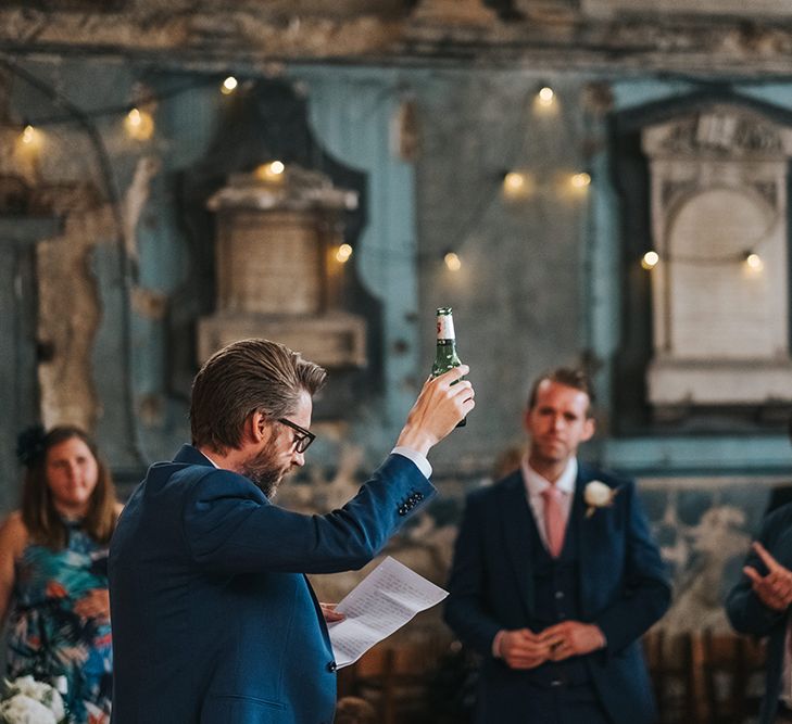 Wedding Ceremony Speech From Groom // The Groucho Club Private Members Club London Wedding With Bride In Sequinned Dress &amp; Flowers By Daisy Ellen Images By Miss Gen Photography