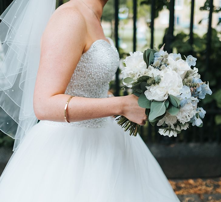 White Flower Wedding Bouquet // The Groucho Club Private Members Club London Wedding With Bride In Sequinned Dress &amp; Flowers By Daisy Ellen Images By Miss Gen Photography