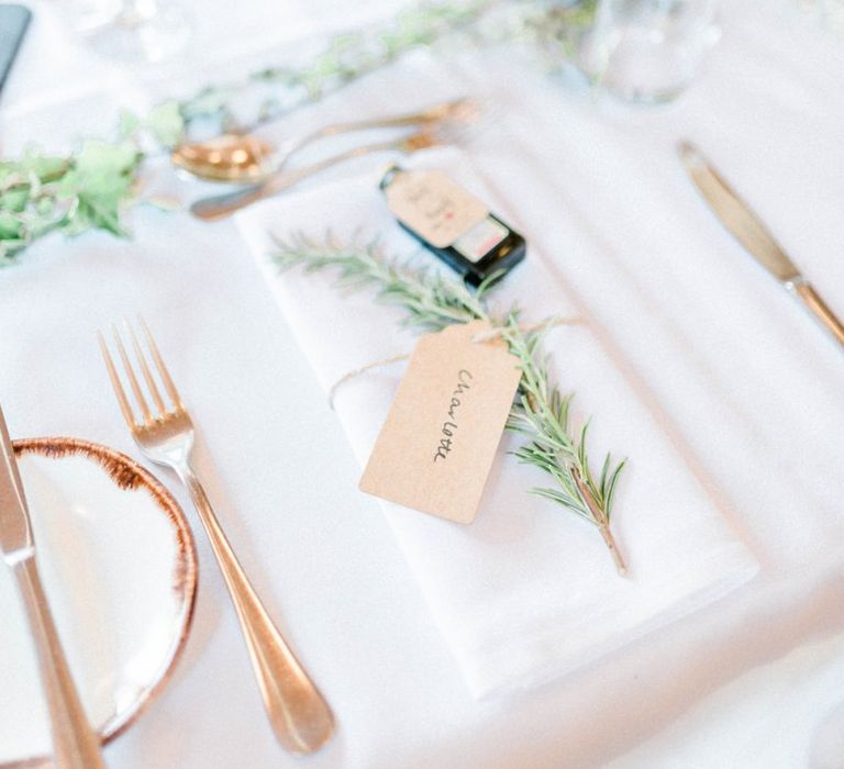 Place Setting with Jägermeister Miniature, Luggage Tag and Rosemary Sprig