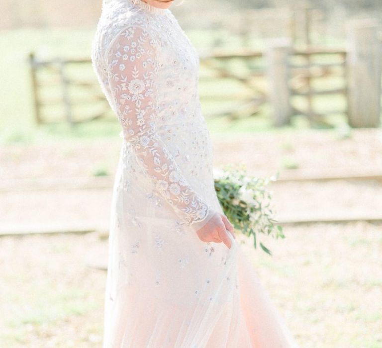 Bride in Needle &amp; Thread Pink Ombre Wedding Dress with Long Sleeves