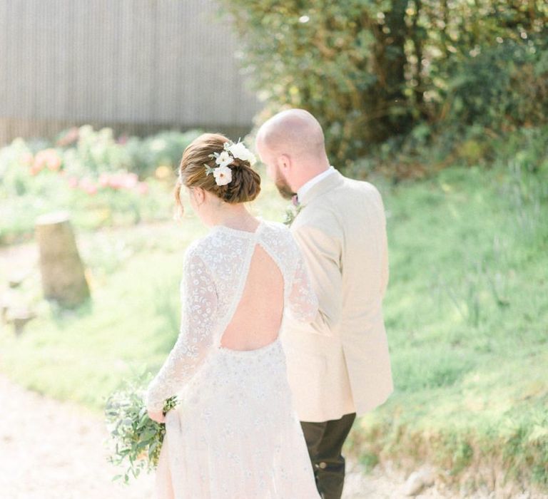 Bride in Needle &amp; Thread Wedding Dress with Key Hole Back Detail