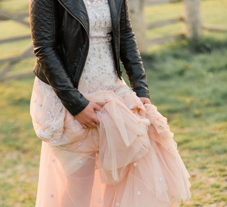 Cool Bride in Pink Ombre Needle &amp; Thread Wedding Dress with Valentino Rockstud Shoes and Leather Jacket Bridal Accessories