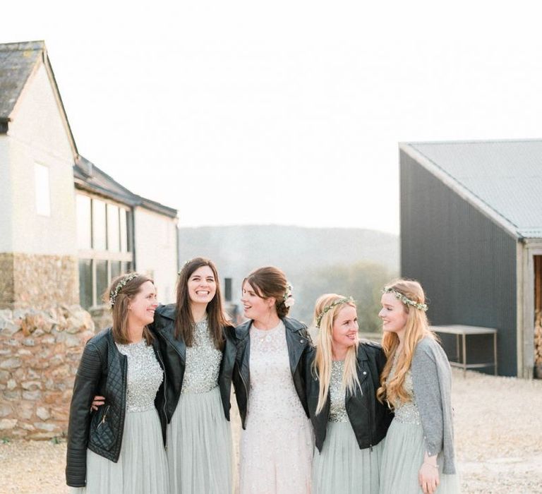 Bridesmaids in Pale Blue Sequin &amp; Tulle Dresses with Leather Jackets and Bride in Needle &amp; Thread Dress with Leather Jacket