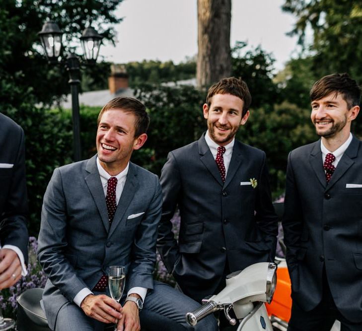 Groomsmen in Grey Suits with Burgundy Ties