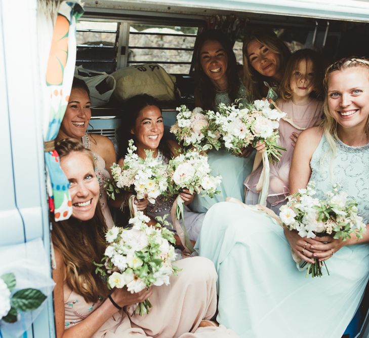 Bridal Party in Campervan | Pastel ASOS Bridesmaid Dresses | Bride in Bespoke Wilden London Gown | Pastel Wedding at Appuldurcombe on the Isle of Wight | Maryanne Weddings Photography | Wight Weddings