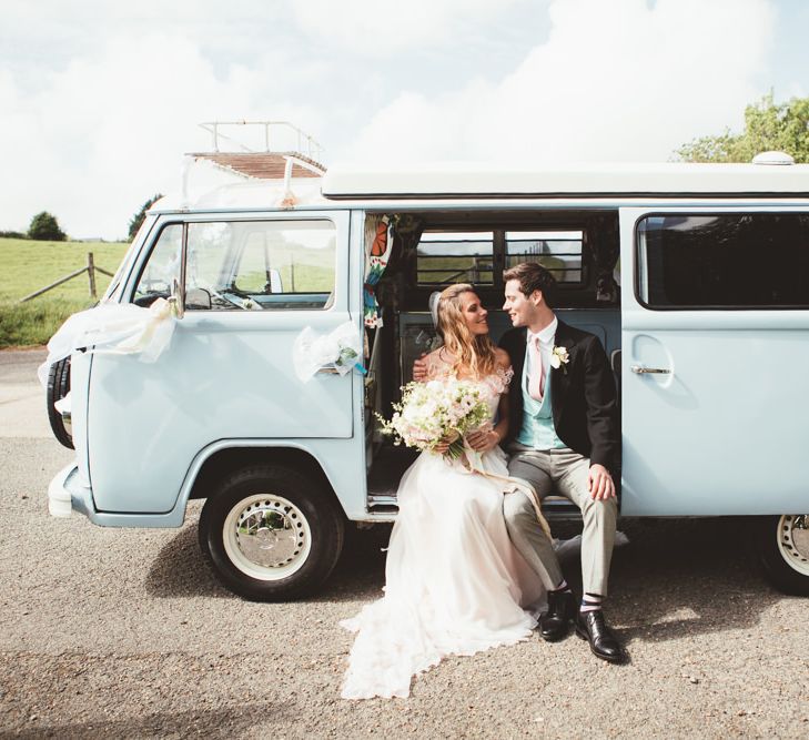 VW Camper Van | Bride in Bespoke Wilden London Wedding Dress | Groom in Morning Suit | Pastel Wedding at Appuldurcombe on the Isle of Wight | Maryanne Weddings Photography | Wight Weddings