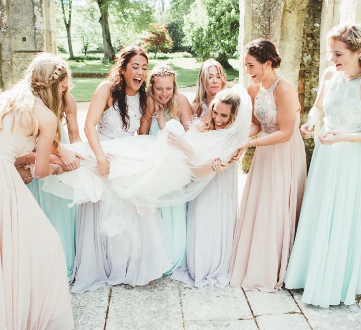 Bridal Party | Bridesmaids in Different Pastel ASOS Dresses | Bride in Bespoke Wilden London Wedding Dress | Pastel Wedding at Appuldurcombe on the Isle of Wight | Maryanne Weddings Photography | Wight Weddings