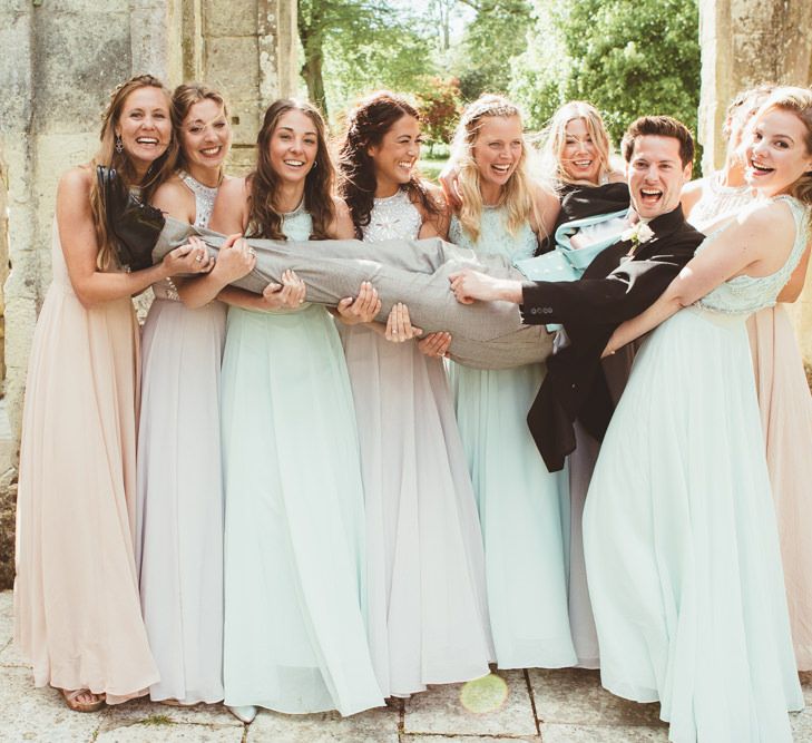 Wedding Party in Pastel ASOS Dresses | Groom in Morning Suit  | Pastel Wedding at Appuldurcombe on the Isle of Wight | Maryanne Weddings Photography | Wight Weddings