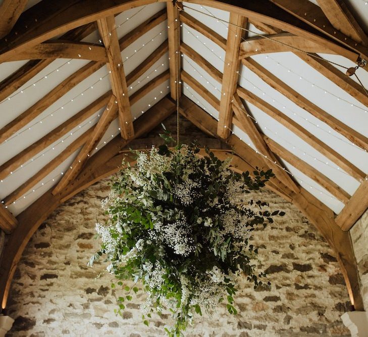 Hanging White and Green Flower Installation at Healey Barn Wedding Venue