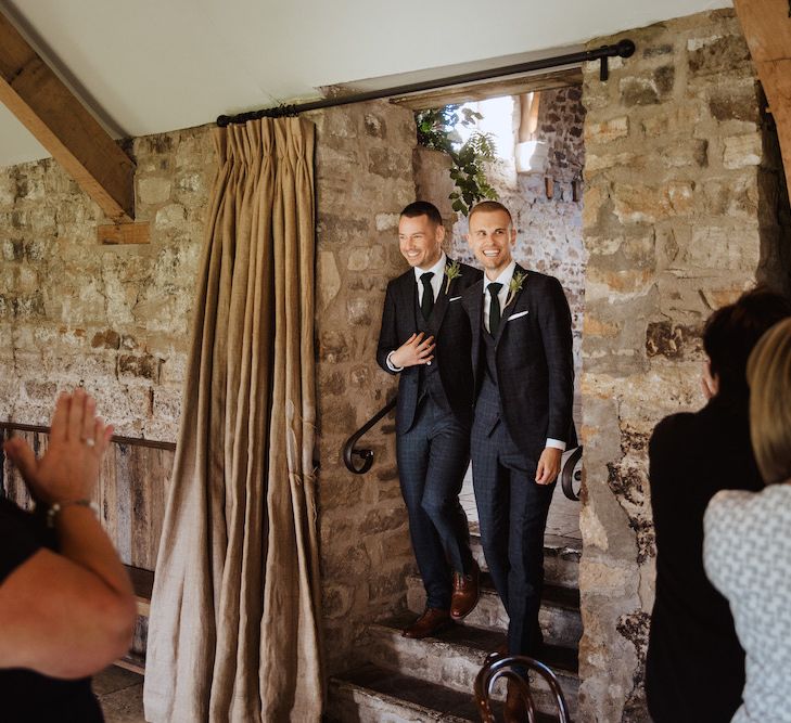 Two Grooms Enter Their Gay Wedding Reception at Healey Barn in Northumberland