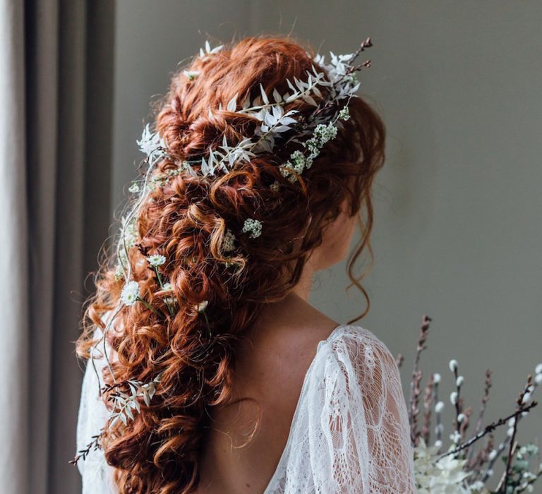 Pinned Bridal Hair with Fresh Flowers and Foliage Intertwined