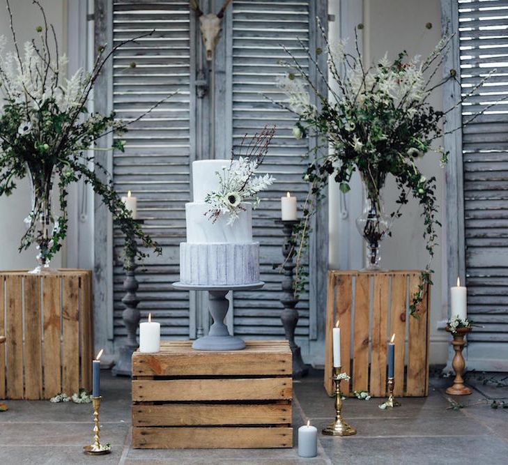 Grey, White and Wood Wedding Decor with Anemone Floral Arrangements, Candles and Crates