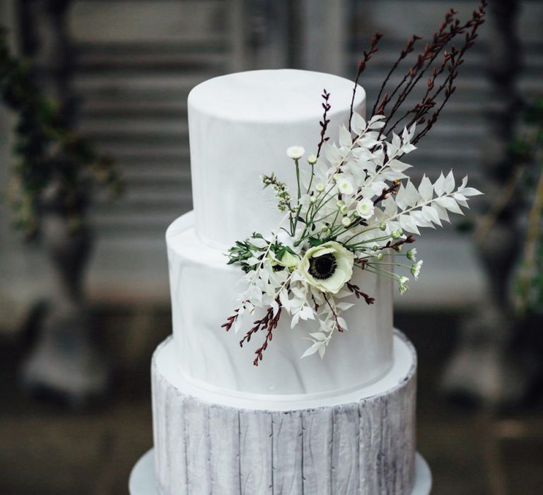 Grey and White Marble Effect Layered Wedding Cake with Anemone Decor