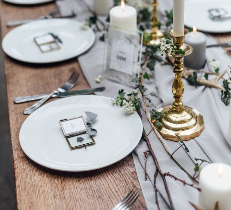 Wedding Table Decor with Grey Table Runner, Gold Candle Stocks and White Tableware