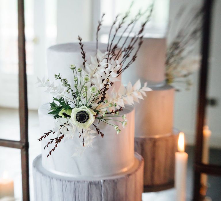 Grey and White Wedding Cake with Anemone Floral Decor