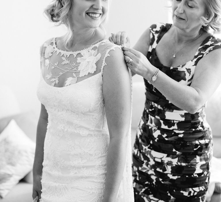 Bride in Claire Pettibone Whitney Bridal Gown with Cape | DIY Country Wedding at Warborne Farm, Lymington | Camilla Arnhold Photography