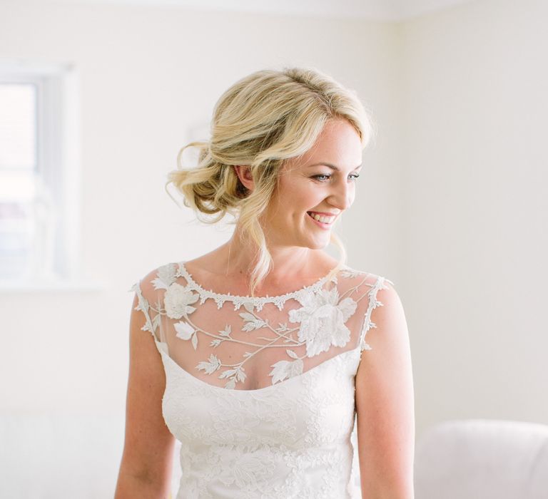 Bride in Claire Pettibone Whitney Bridal Gown with Cape | DIY Country Wedding at Warborne Farm, Lymington | Camilla Arnhold Photography