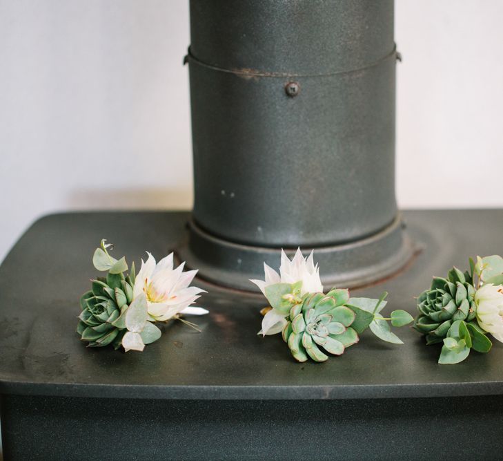 Succulent Buttonholes | DIY Country Wedding at Warborne Farm, Lymington | Camilla Arnhold Photography