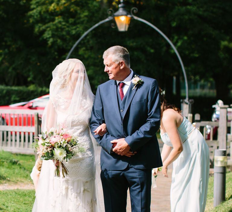 Bridal Entrance in Claire Pettibone Whitney Bridal Gown with Cape | Father of the Bride | DIY Country Wedding at Warborne Farm, Lymington | Camilla Arnhold Photography