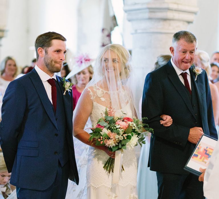 Church Wedding Ceremony | Bride in Claire Pettibone Whitney Bridal Gown with Cape | Groom in French Connection Navy Suit | DIY Country Wedding at Warborne Farm, Lymington | Camilla Arnhold Photography