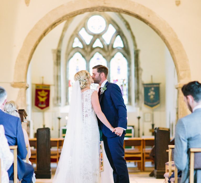 Church Wedding Ceremony | Bride in Claire Pettibone Whitney Bridal Gown with Cape | Groom in French Connection Navy Suit | DIY Country Wedding at Warborne Farm, Lymington | Camilla Arnhold Photography