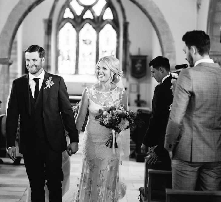 Church Wedding Ceremony | Bride in Claire Pettibone Whitney Bridal Gown with Cape | Groom in French Connection Navy Suit | DIY Country Wedding at Warborne Farm, Lymington | Camilla Arnhold Photography