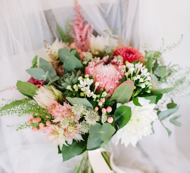 Protea Wedding Bouquet | DIY Country Wedding at Warborne Farm, Lymington | Camilla Arnhold Photography